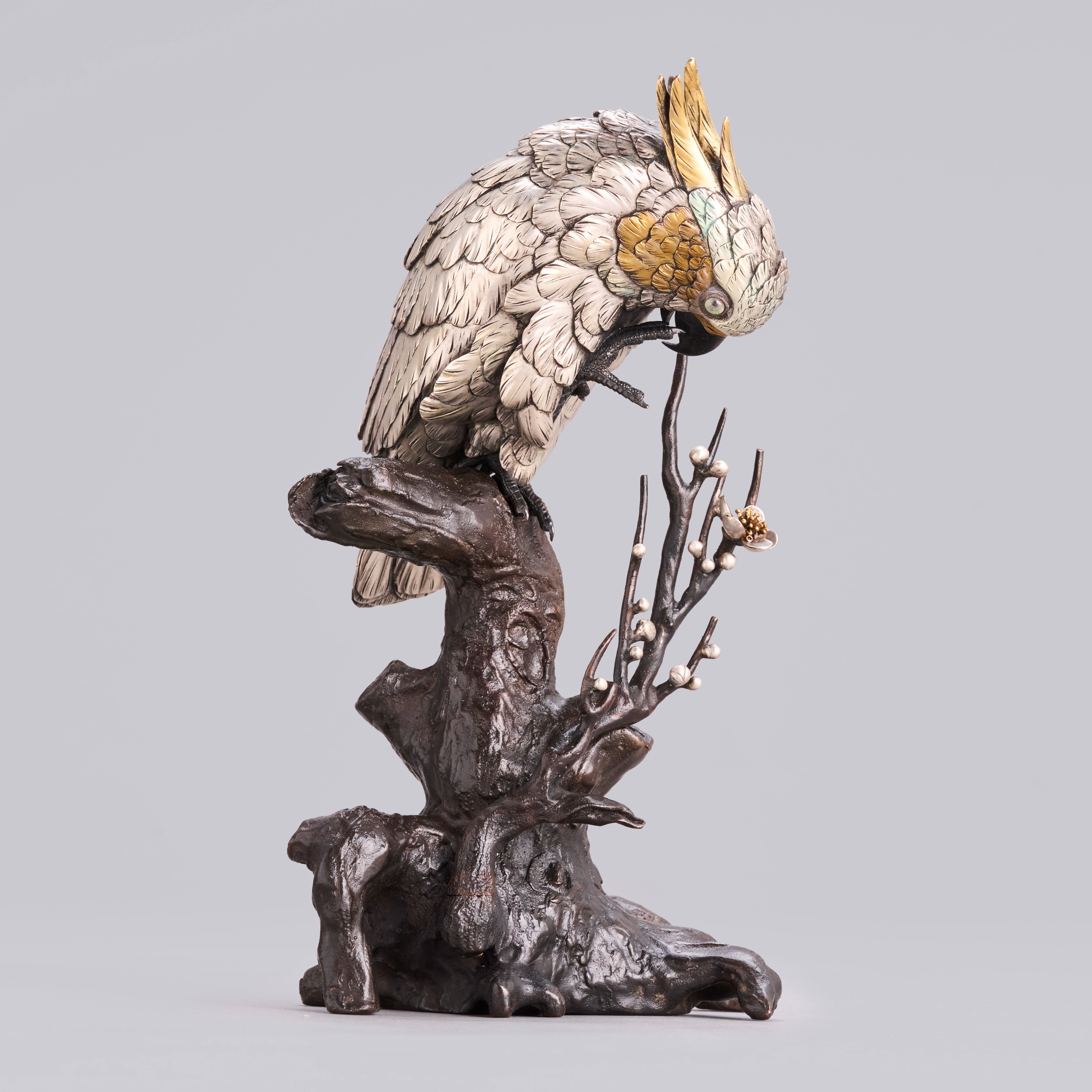 A silvered bronze sulphur-crested cockatoo perched on plum blossom tree trunk, Meiji period 1868-1912.